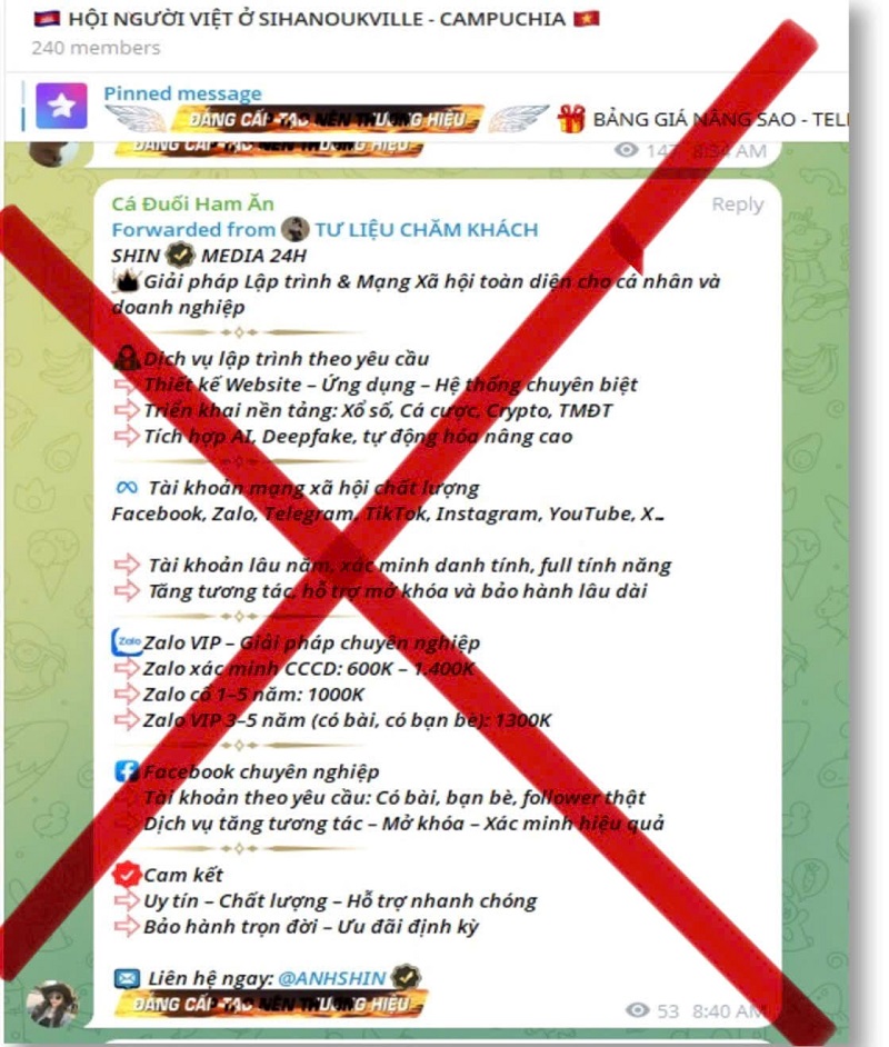 Trên ứng dụng Telegram, chào bán bao gồm lập trình website, ứng dụng và các nền tảng liên quan đến cá cược, tiền ảo, thương mại điện tử